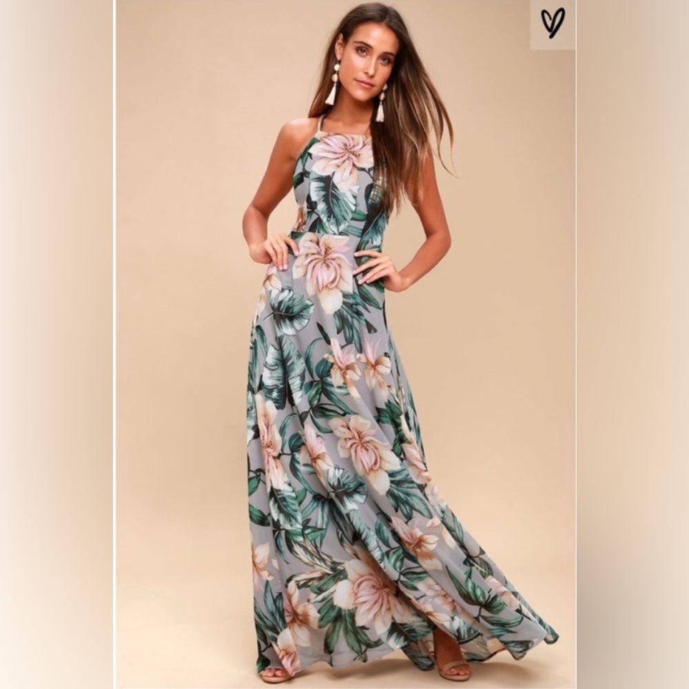 Lulu's Grey Floral Print Lace-Up Maxi Dress NWT
